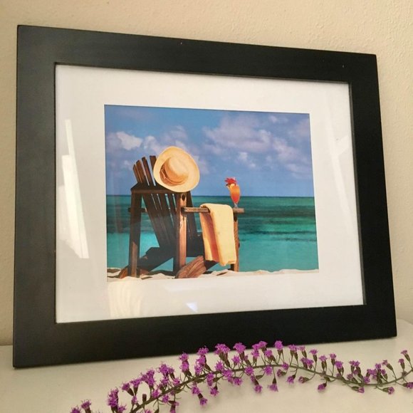 SOLD Framed Photo Art Adirondack Chair on Beach with Hat Towel and Mai Tai